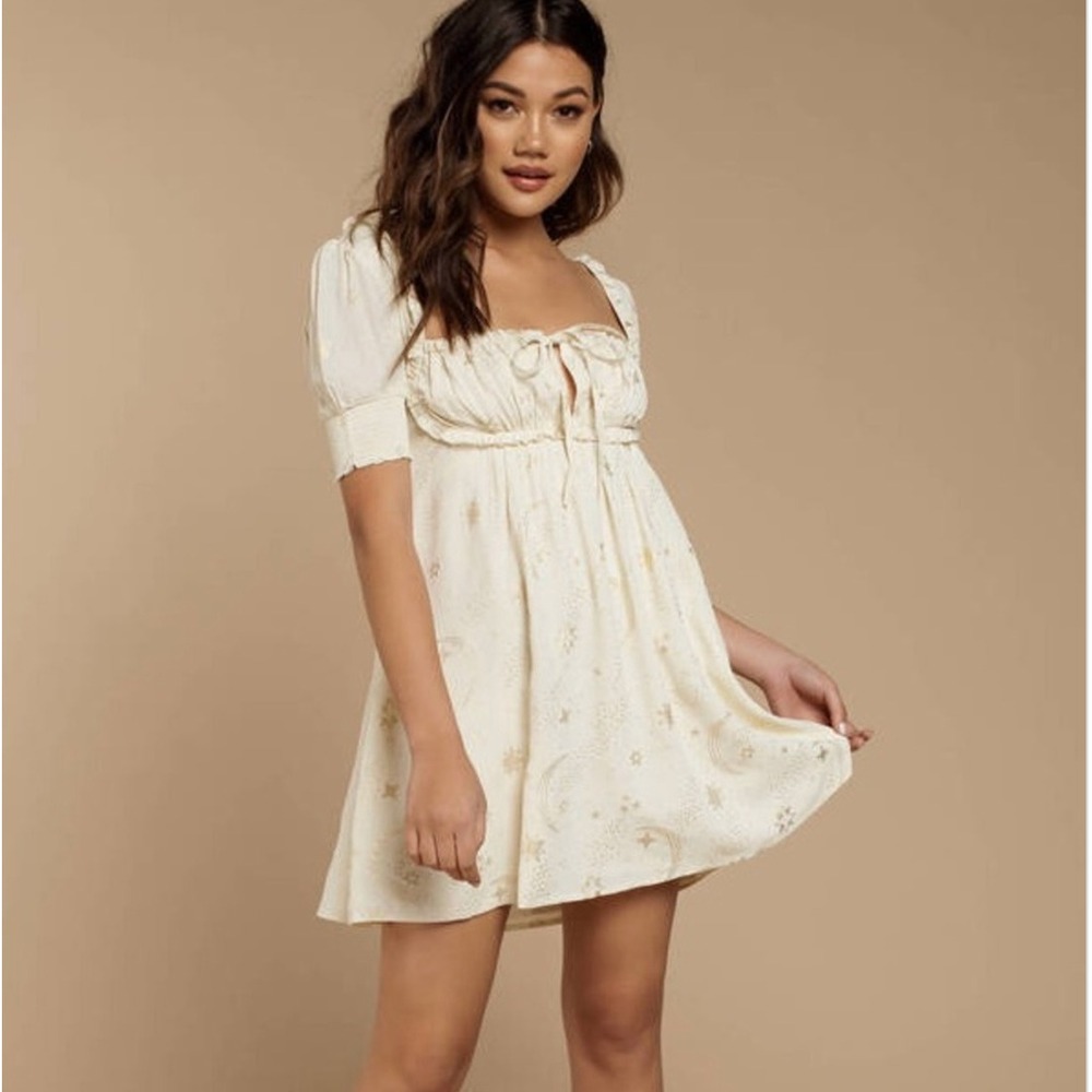 Beach Riot Virgo Celestial Cream Gold Star Moon Mini Dress Smocked Puff Sleeve S